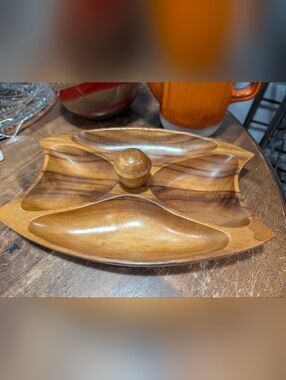 Wooden Divided Serving Tray with Center Handle - Brown